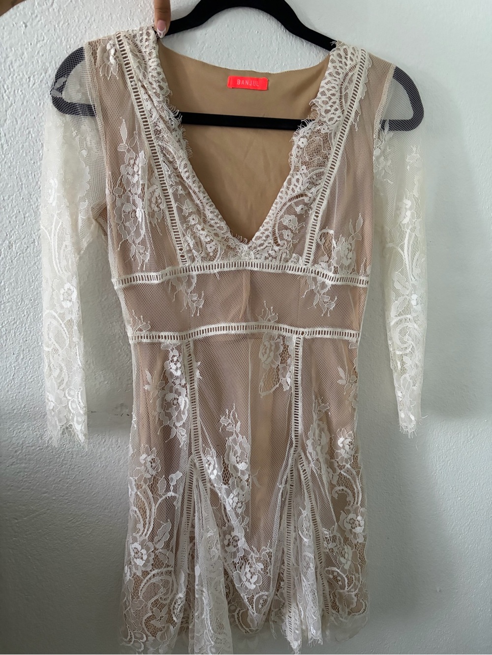 Lace V-Neck Sheer Dress in Nude and White